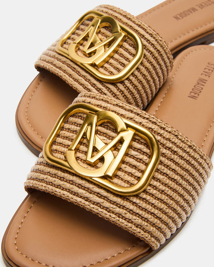 Steve Madden KORA Natural Raffia Gold Detail Slide Women's Sandal
