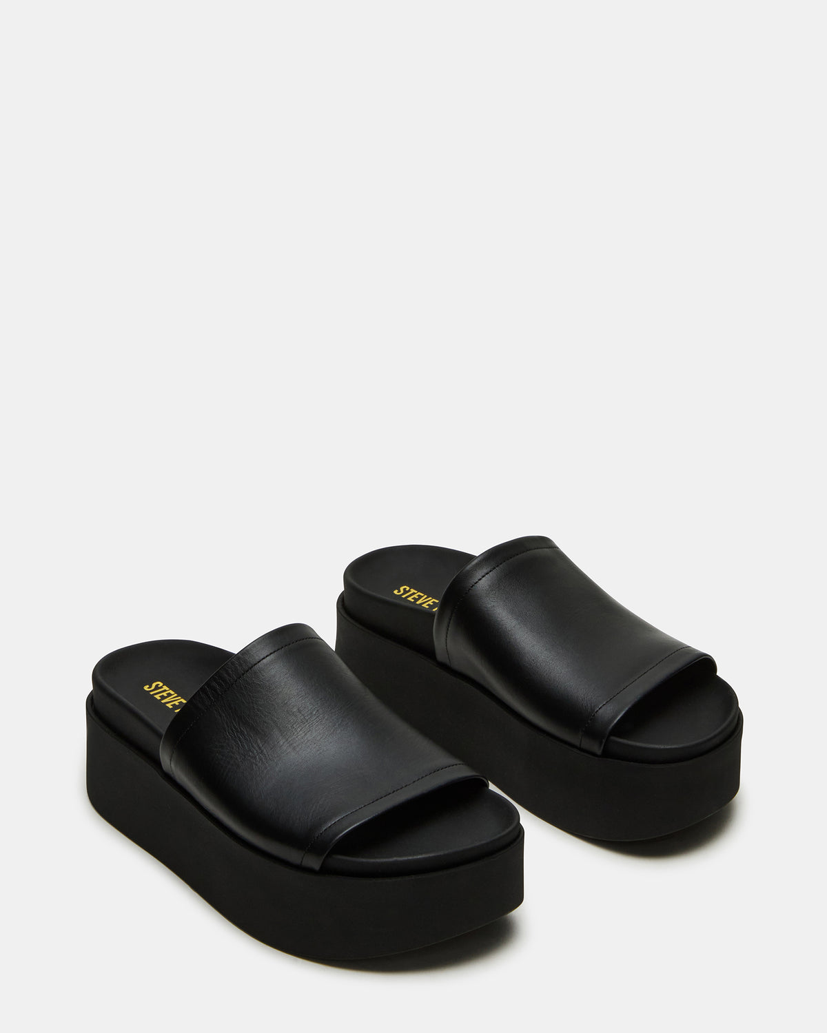 Steve Madden ARWEN Black Leather Women's Platform Footbed Slide Chunky Sandal