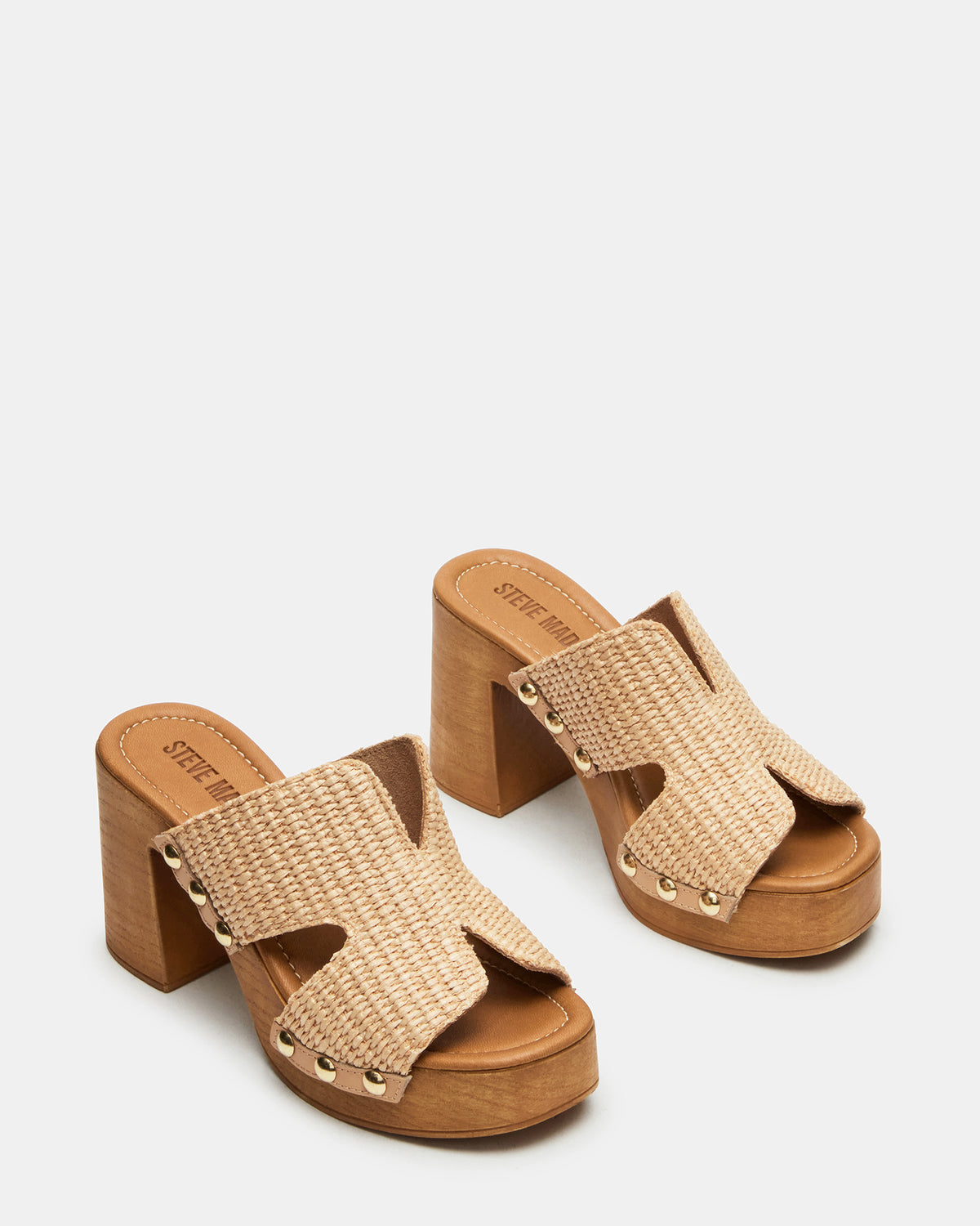 Steve Madden SUNKISSED Raffia Platform Block Heel Studded Women's Sandal