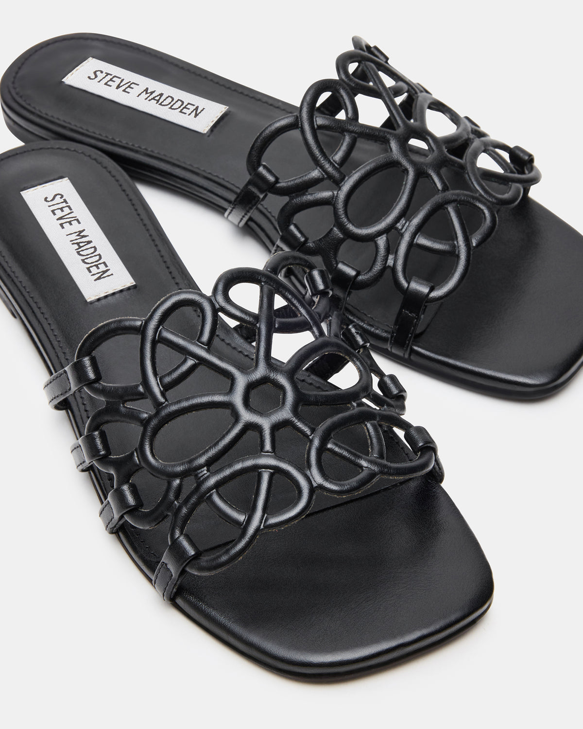 Steve Madden LOTUS Black Leather Square-Toe Slide Women's Sandal