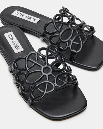 Steve Madden LOTUS Black Leather Square-Toe Slide Women's Sandal