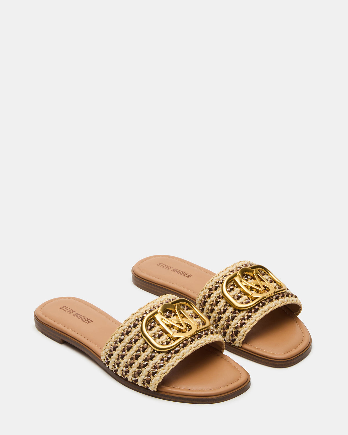 Steve Madden KORA Brown Raffia Gold Detail Slide Women's Sandal