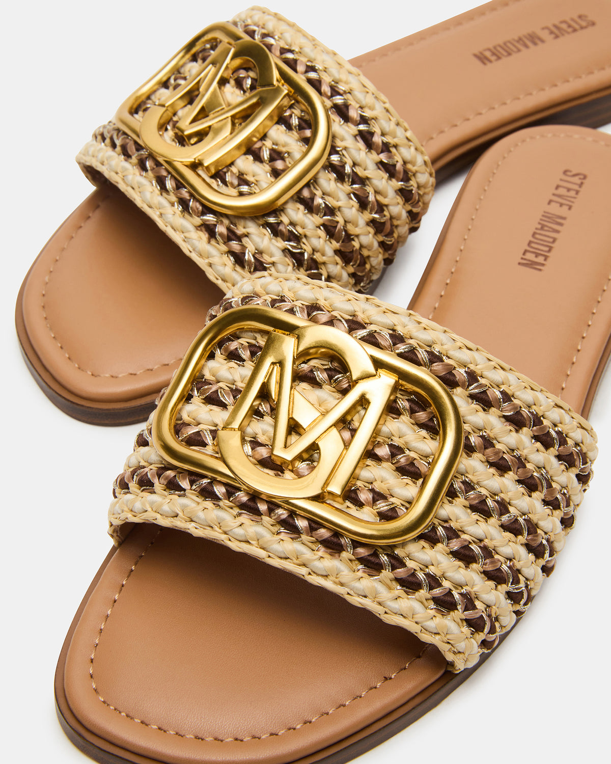 Steve Madden KORA Brown Raffia Gold Detail Slide Women's Sandal