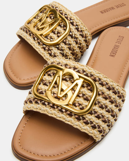 Steve Madden KORA Brown Raffia Gold Detail Slide Women's Sandal