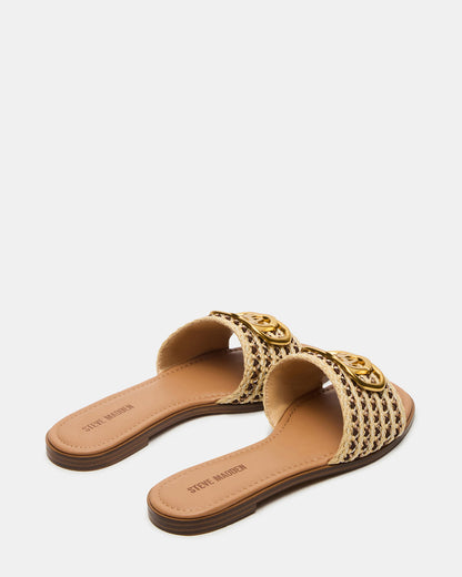 Steve Madden KORA Brown Raffia Gold Detail Slide Women's Sandal
