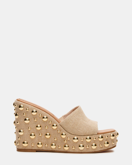Steve Madden CAYMAN Natural Mini Studs Platform Square-Toe Wedge Women's Sandal