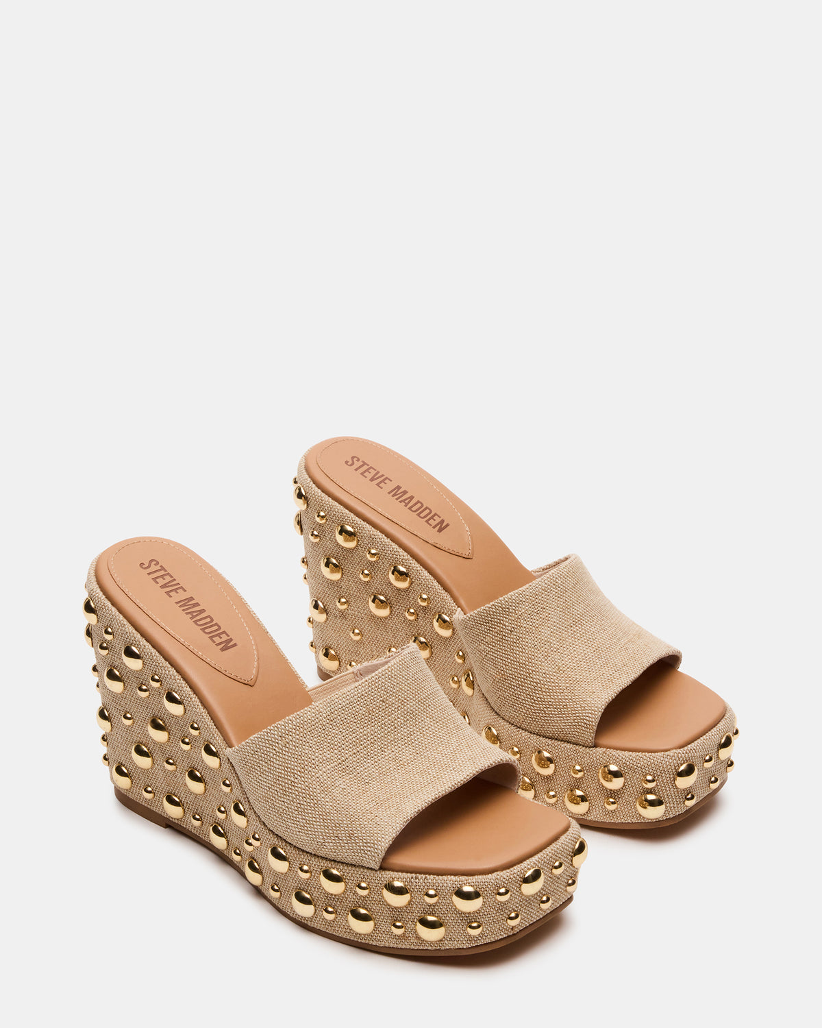 Steve Madden CAYMAN Natural Mini Studs Platform Square-Toe Wedge Women's Sandal
