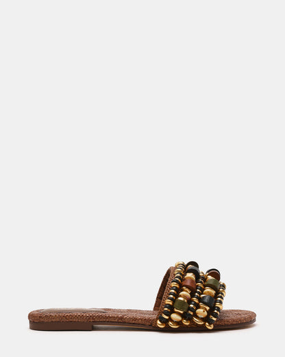 Steve Madden MARIKA Beads Brown Raffia Round-Toe Slide Women's Sandal