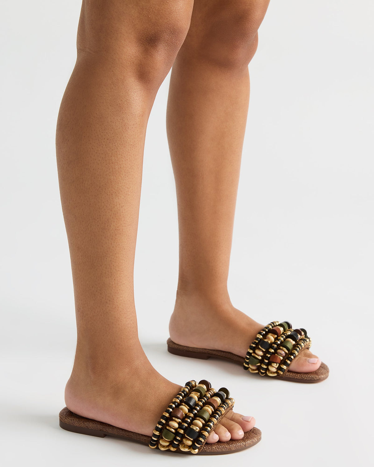 Steve Madden MARIKA Beads Brown Raffia Round-Toe Slide Women's Sandal
