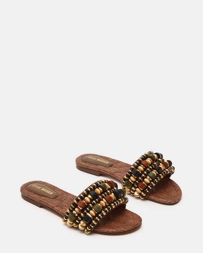 Steve Madden MARIKA Beads Brown Raffia Round-Toe Slide Women's Sandal