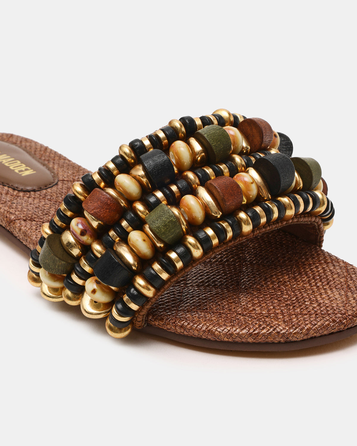 Steve Madden MARIKA Beads Brown Raffia Round-Toe Slide Women's Sandal