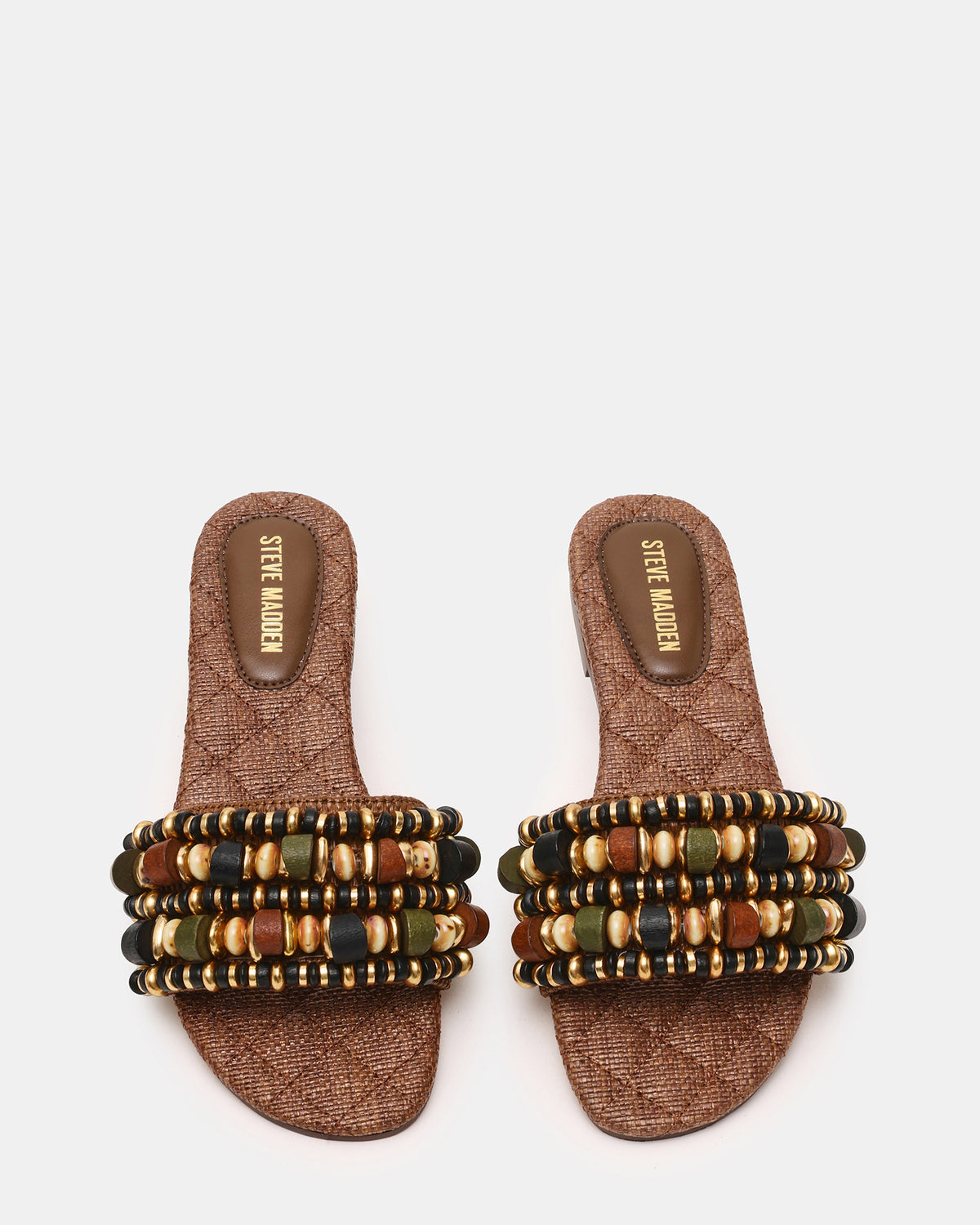 Steve Madden MARIKA Beads Brown Raffia Round-Toe Slide Women's Sandal