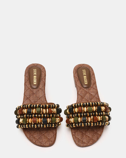 Steve Madden MARIKA Beads Brown Raffia Round-Toe Slide Women's Sandal