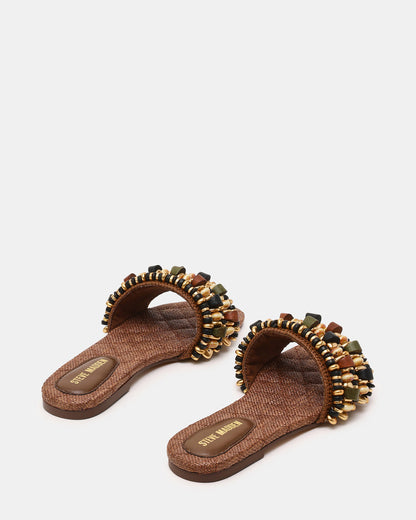 Steve Madden MARIKA Beads Brown Raffia Round-Toe Slide Women's Sandal