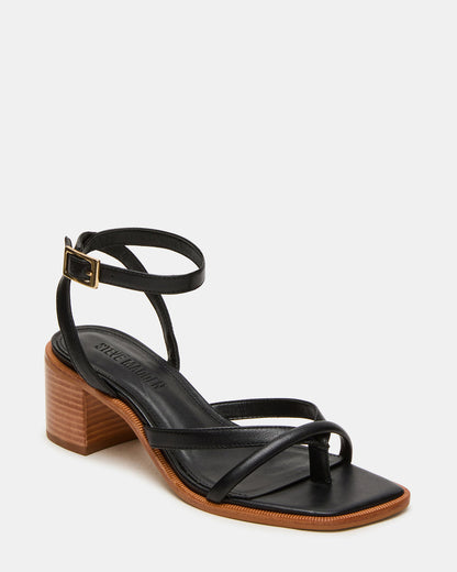 Steve Madden TILLY Black Leather Square-Toe Block Heel Strappy Women's Sandal