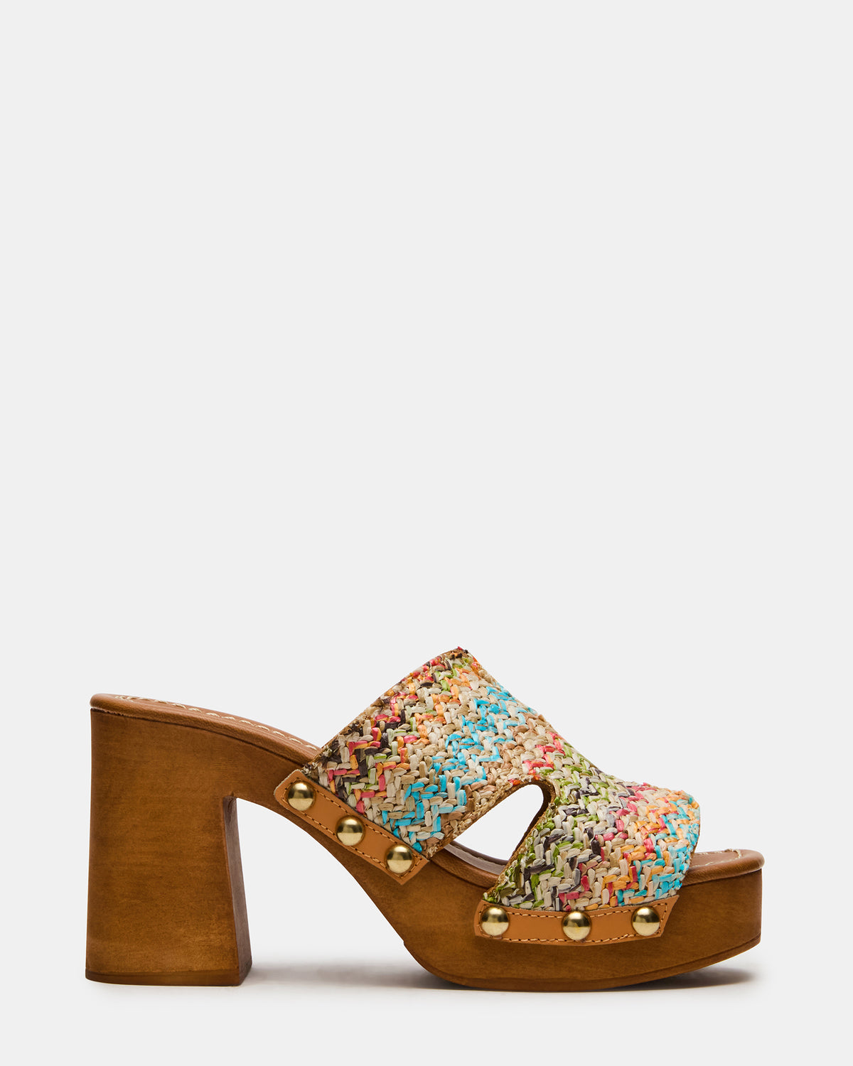 Steve Madden SUNKISSED Multi Raffia Platform Block Heel Studded Women's Sandal