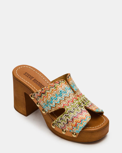 Steve Madden SUNKISSED Multi Raffia Platform Block Heel Studded Women's Sandal