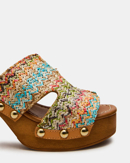 Steve Madden SUNKISSED Multi Raffia Platform Block Heel Studded Women's Sandal