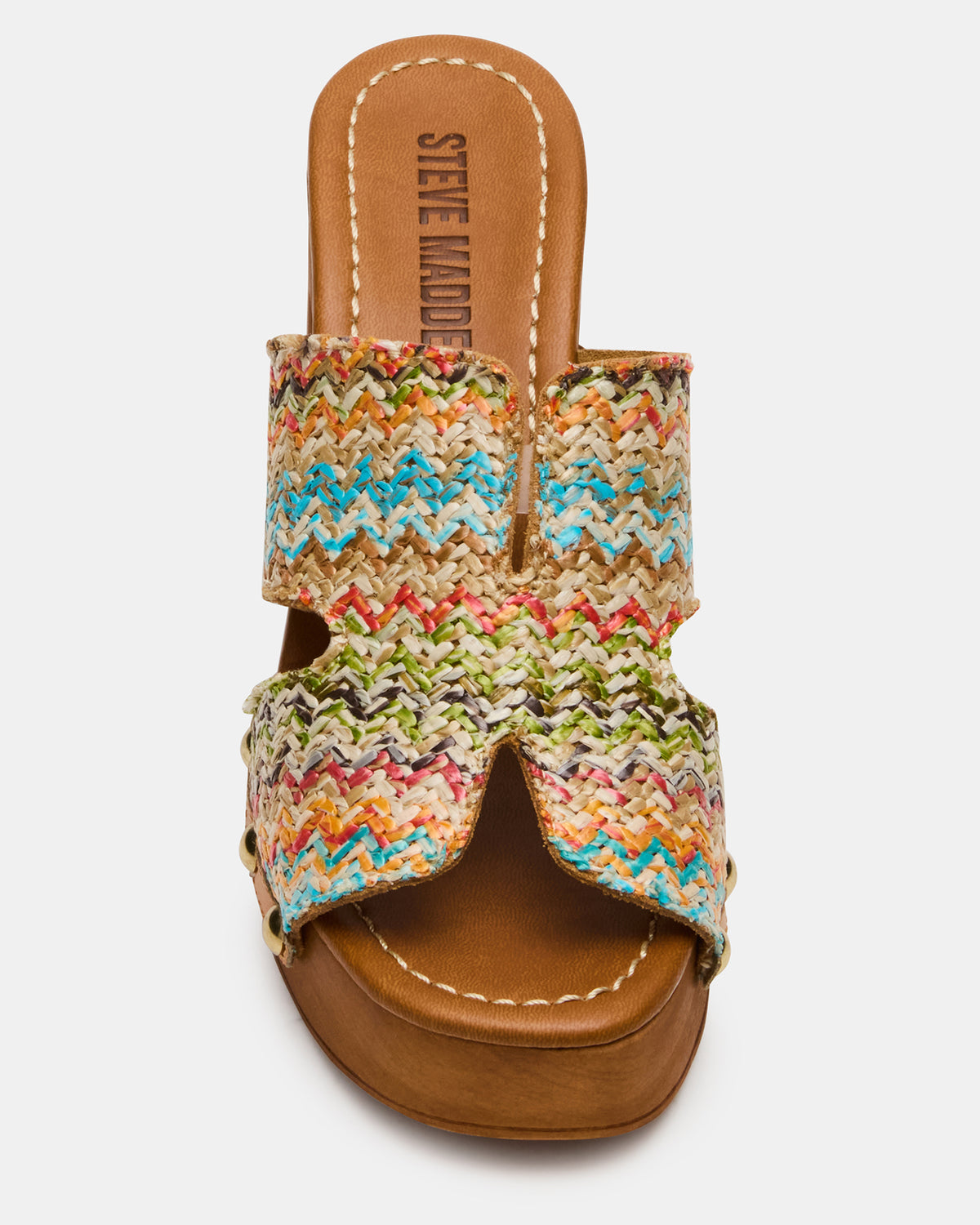 Steve Madden SUNKISSED Multi Raffia Platform Block Heel Studded Women's Sandal