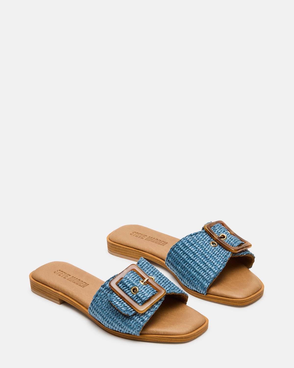 Steve Madden HAPP Blue Square-Toe Raffia Slide Women's Sandal