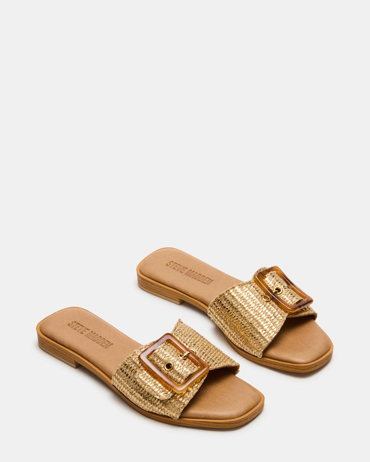Steve Madden HAPP Gold Square-Toe Raffia Slide Women's Sandal
