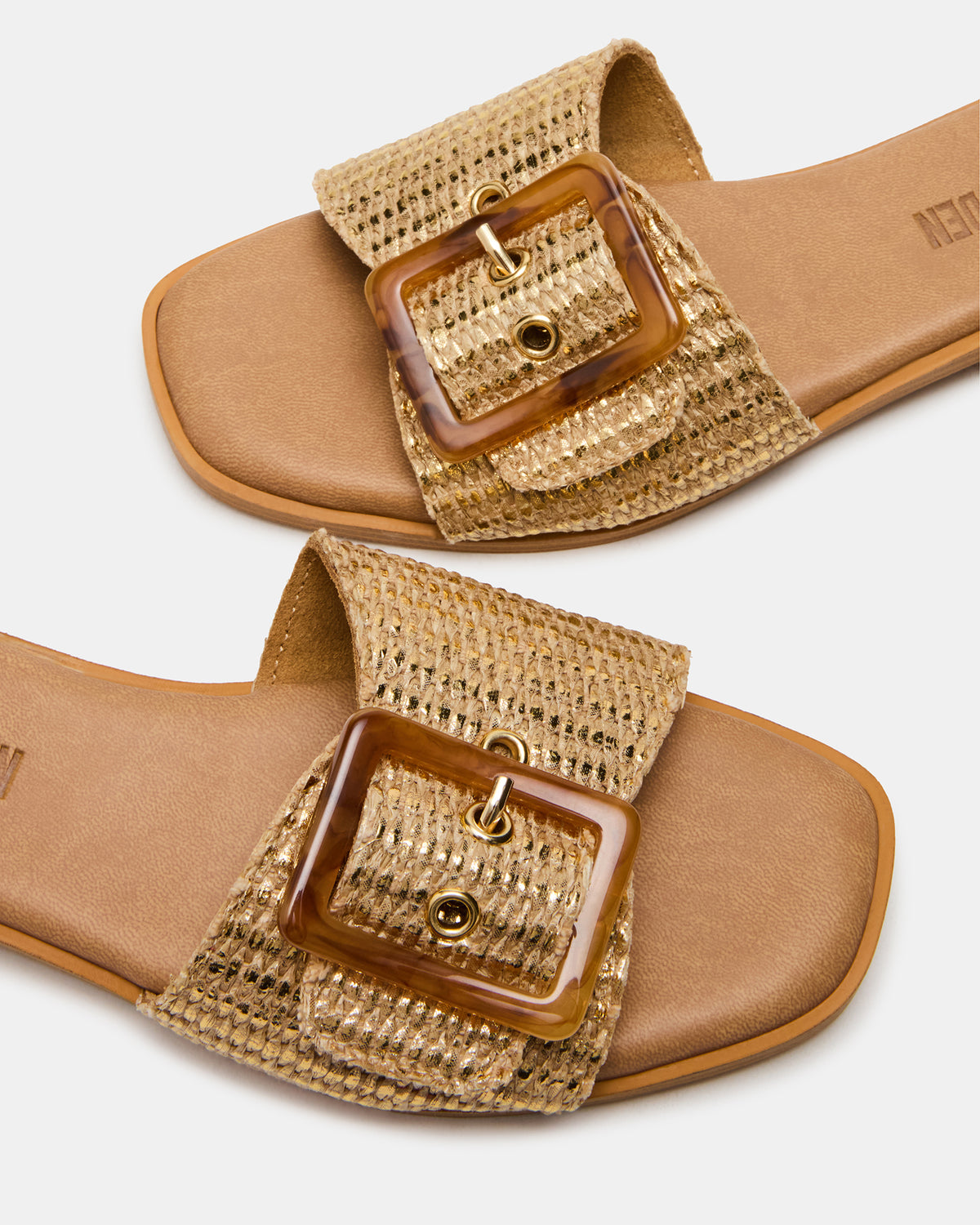 Steve Madden HAPP Gold Square-Toe Raffia Slide Women's Sandal