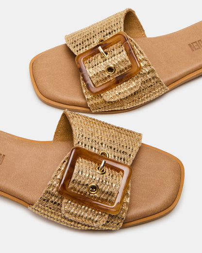 Steve Madden HAPP Gold Square-Toe Raffia Slide Women's Sandal