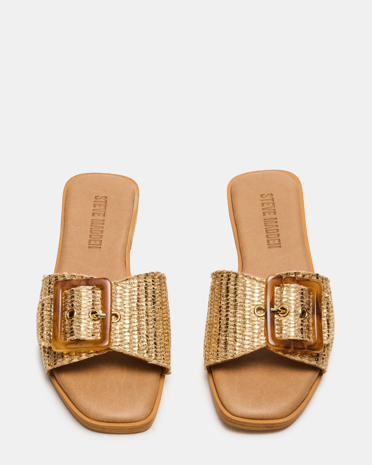 Steve Madden HAPP Gold Square-Toe Raffia Slide Women's Sandal