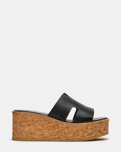 Steve Madden HARMONY Black Leather Wedge Mule Cork Platform Women's Sandal
