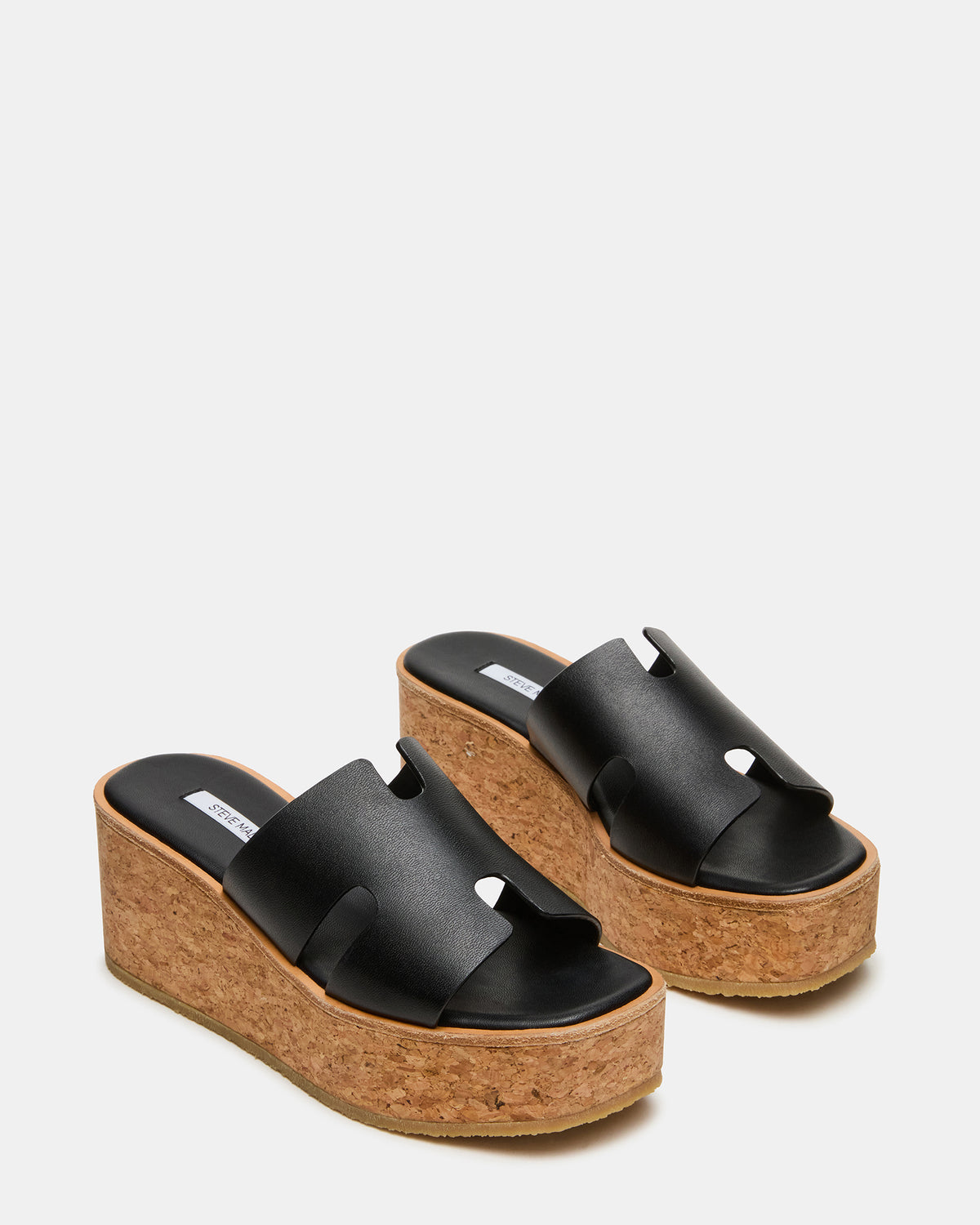 Steve Madden HARMONY Black Leather Wedge Mule Cork Platform Women's Sandal