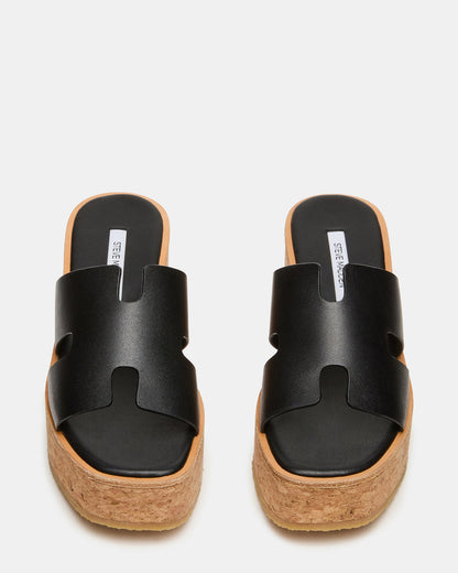 Steve Madden HARMONY Black Leather Wedge Mule Cork Platform Women's Sandal