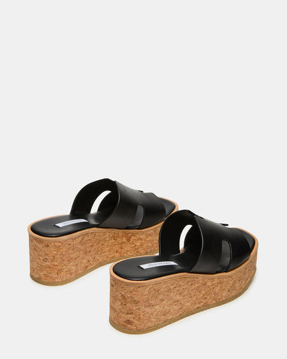 Steve Madden HARMONY Black Leather Wedge Mule Cork Platform Women's Sandal