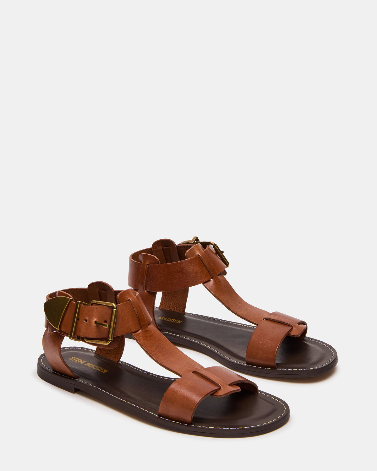 Steve Madden BRAZINN Tan Leather Strappy Flat Sandal Women's Sandal
