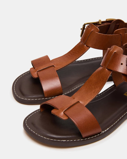 Steve Madden BRAZINN Tan Leather Strappy Flat Sandal Women's Sandal