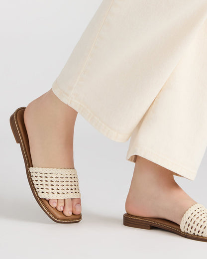 Steve Madden SNIDER Tan Square-Toe Slide Woven Women's Sandal