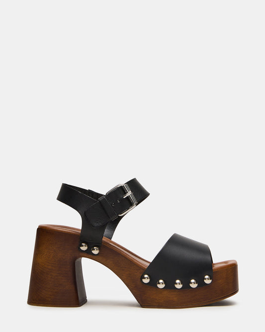 Steve Madden JEMMA Black Leather Square-Toe Wood Bottom Block Heel Women's Sandal
