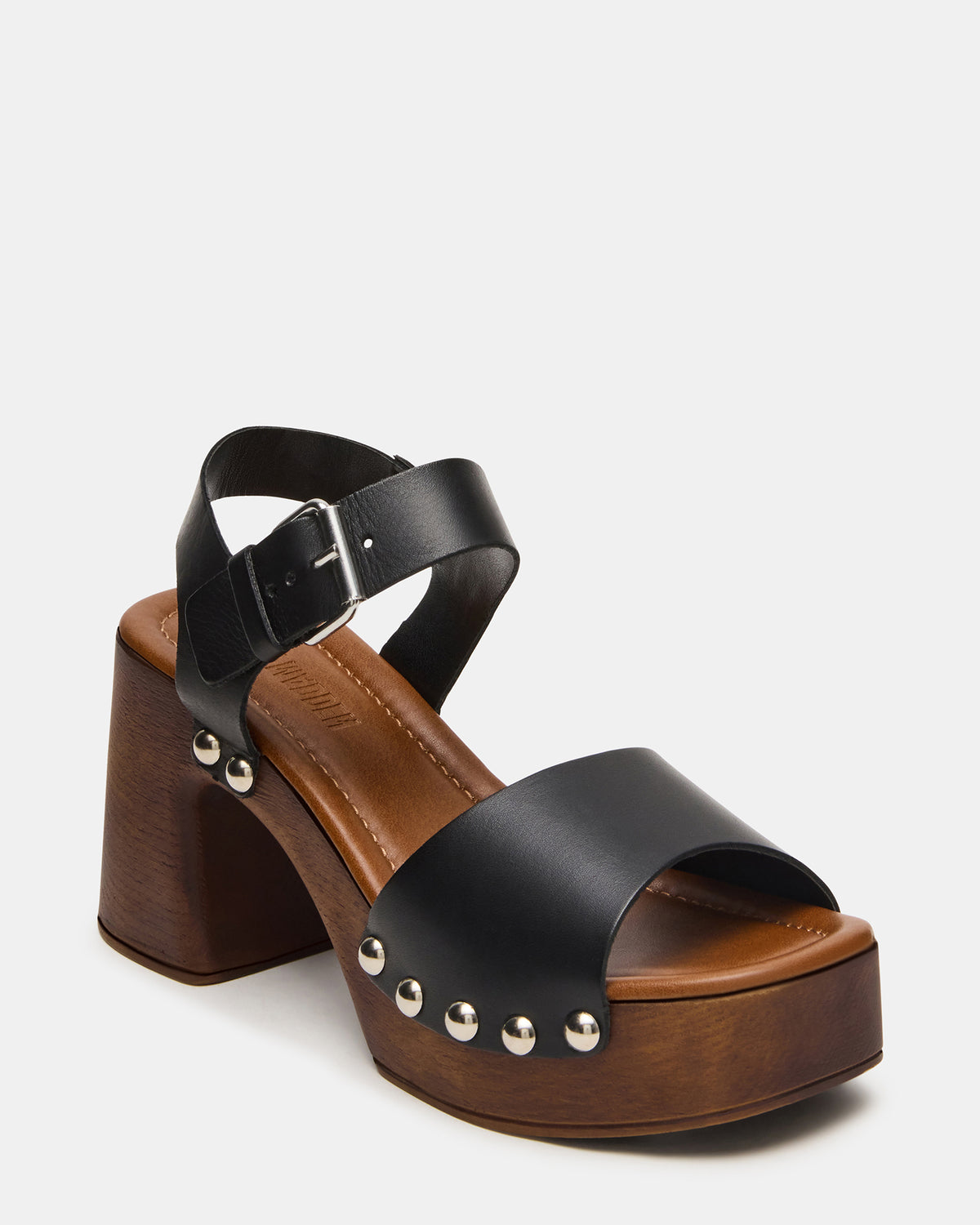 Steve Madden JEMMA Black Leather Square-Toe Wood Bottom Block Heel Women's Sandal