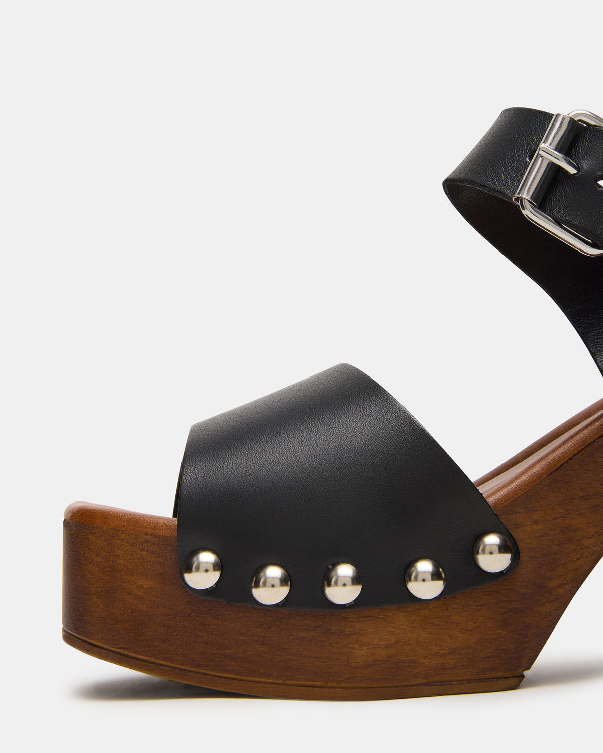 Steve Madden JEMMA Black Leather Square-Toe Wood Bottom Block Heel Women's Sandal