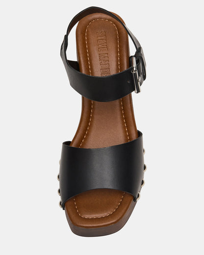 Steve Madden JEMMA Black Leather Square-Toe Wood Bottom Block Heel Women's Sandal