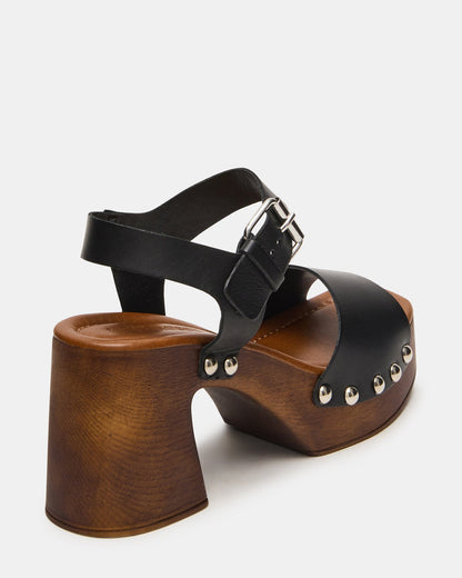 Steve Madden JEMMA Black Leather Square-Toe Wood Bottom Block Heel Women's Sandal