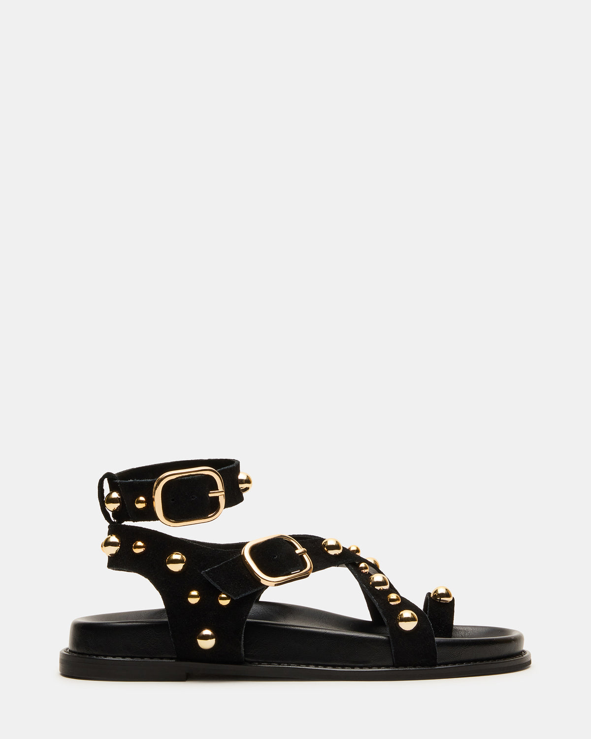 Steve Madden LINEAR Black Suede Strappy Footbed Studded Women's Sandal