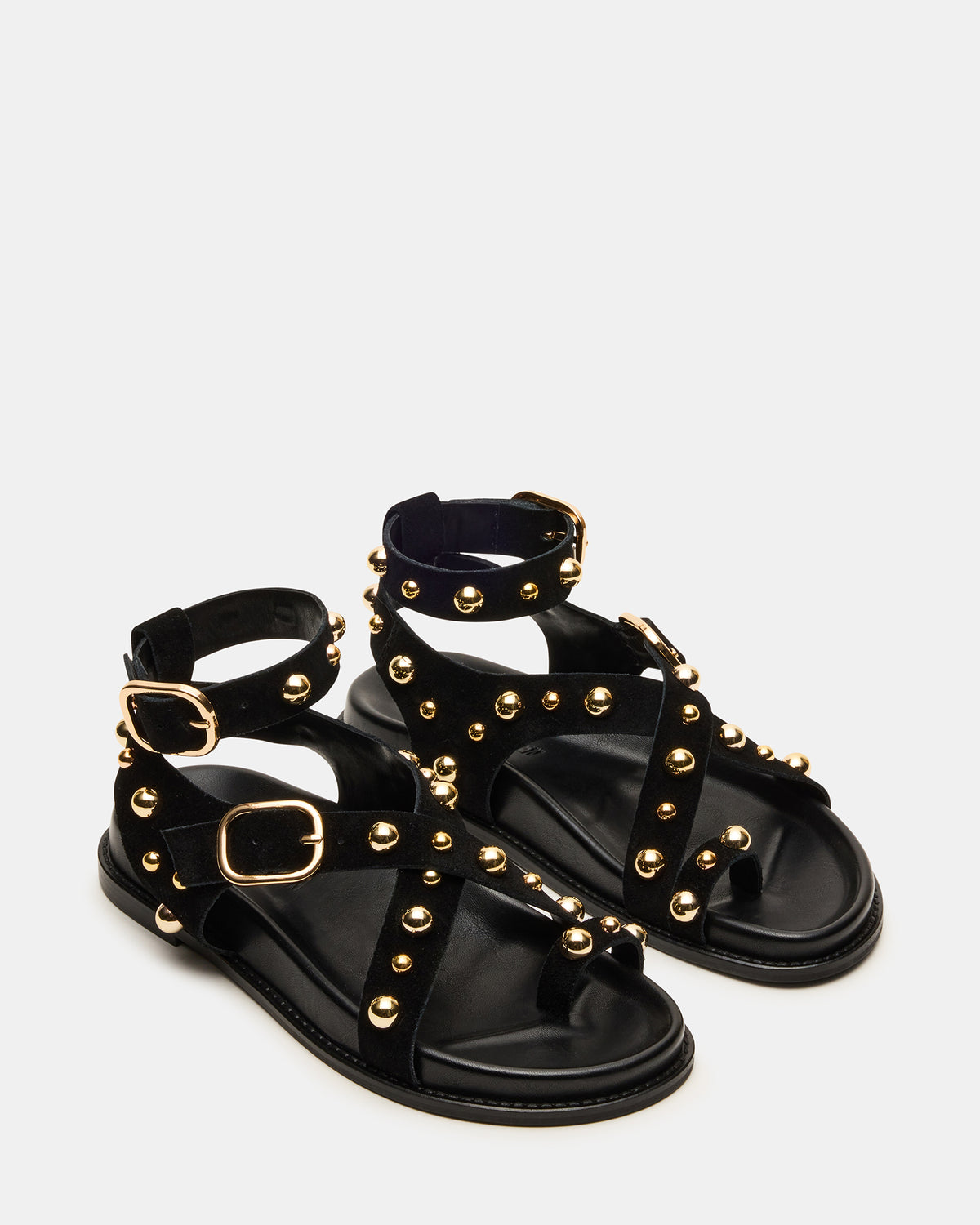 Steve Madden LINEAR Black Suede Strappy Footbed Studded Women's Sandal