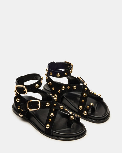 Steve Madden LINEAR Black Suede Strappy Footbed Studded Women's Sandal
