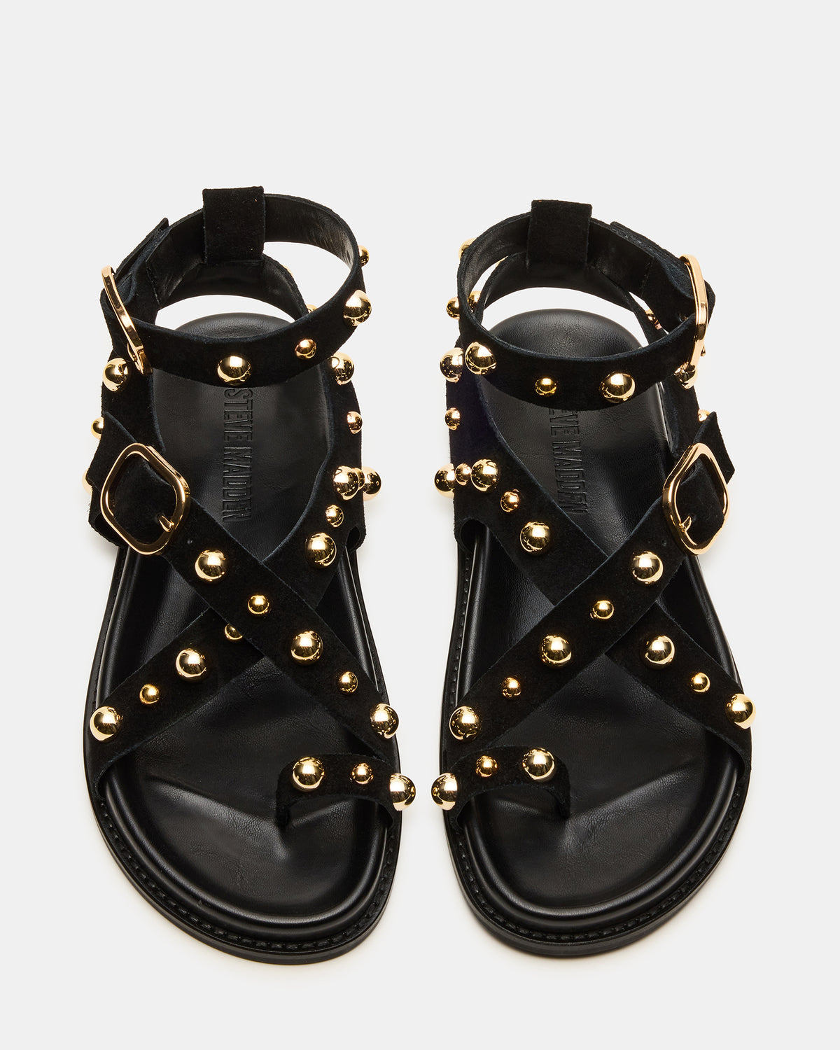 Steve Madden LINEAR Black Suede Strappy Footbed Studded Women's Sandal