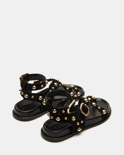 Steve Madden LINEAR Black Suede Strappy Footbed Studded Women's Sandal
