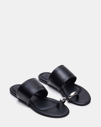 Steve Madden DECADENT Black Leather Rounded-Toe Slide Women's Sandal