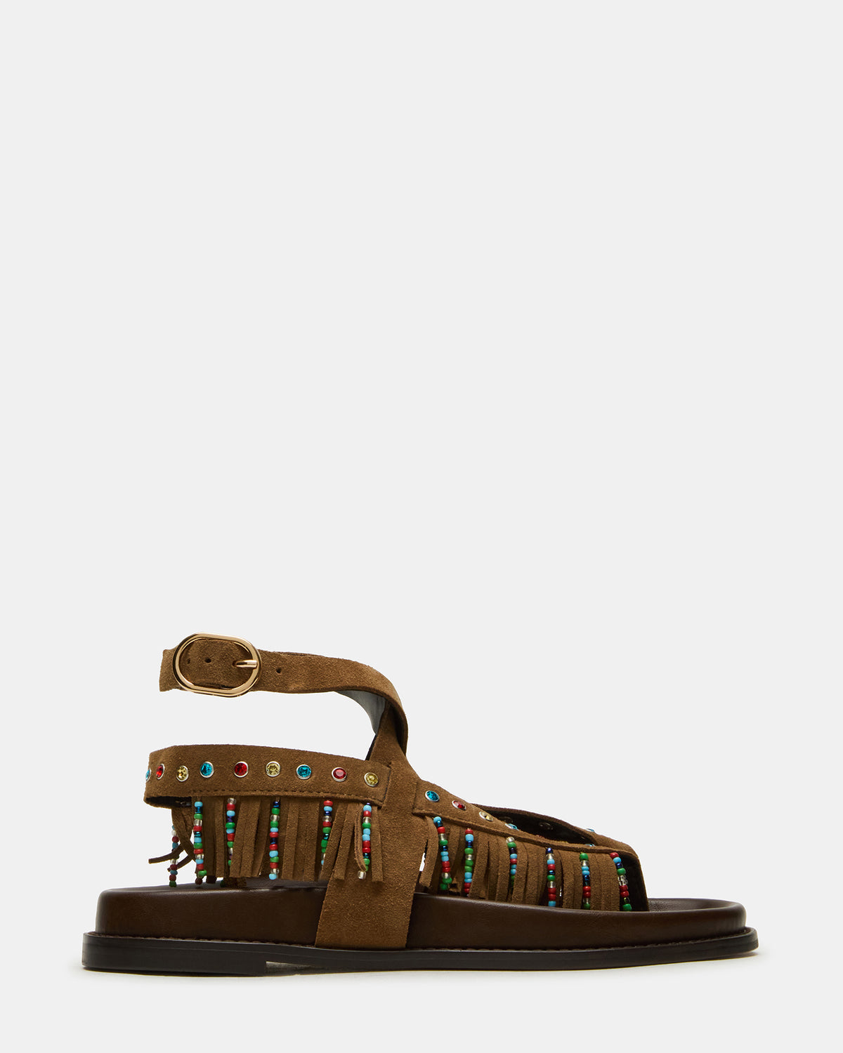 Steve Madden WENDELL Chestnut Suede Beaded Flatform Footbed Strappy Fringe Women's Sandal