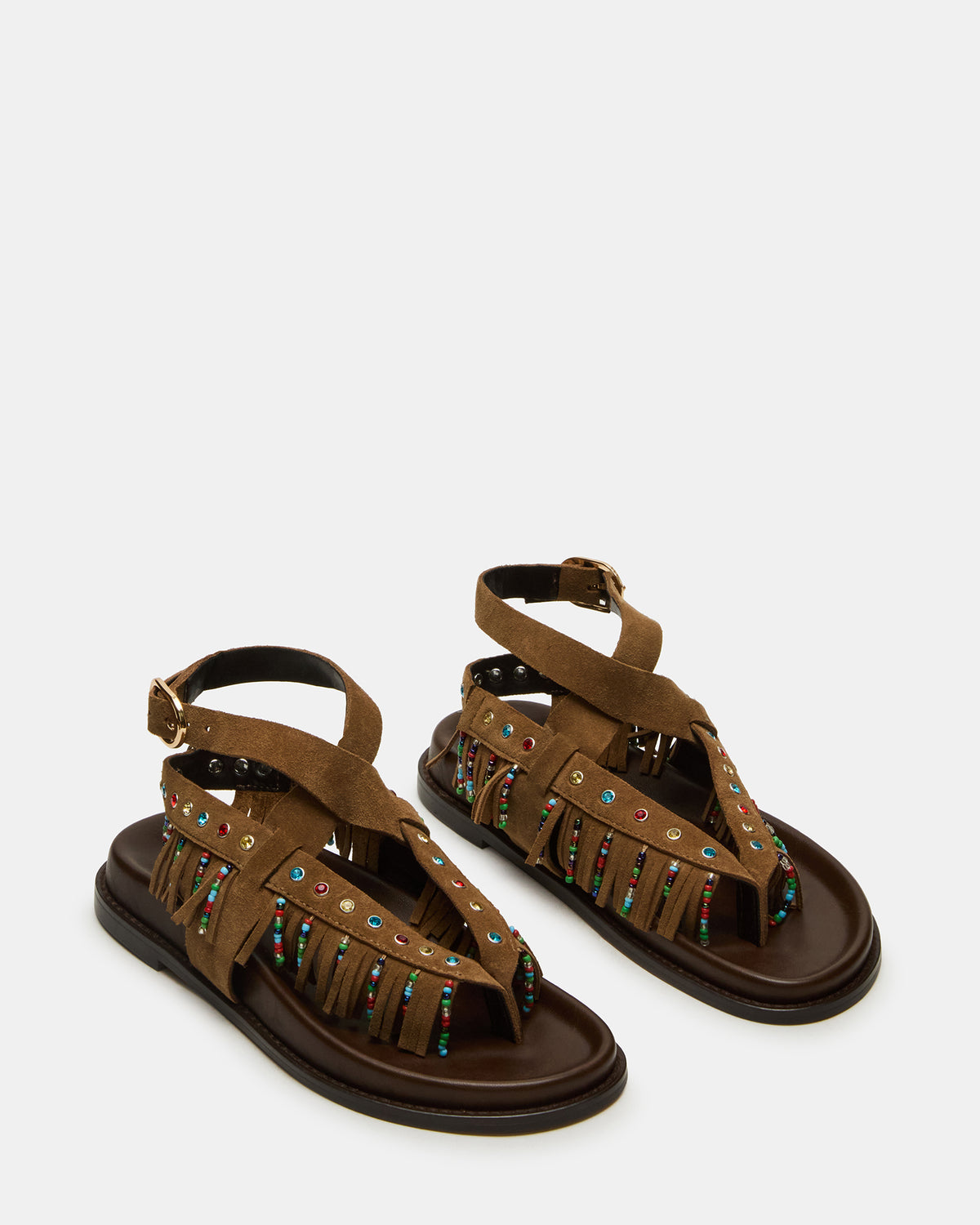 Steve Madden WENDELL Chestnut Suede Beaded Flatform Footbed Strappy Fringe Women's Sandal