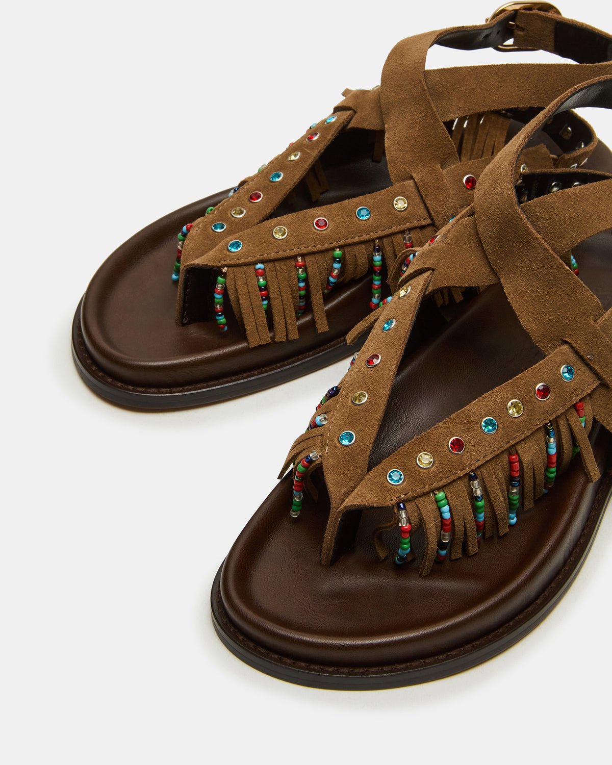 Steve Madden WENDELL Chestnut Suede Beaded Flatform Footbed Strappy Fringe Women's Sandal