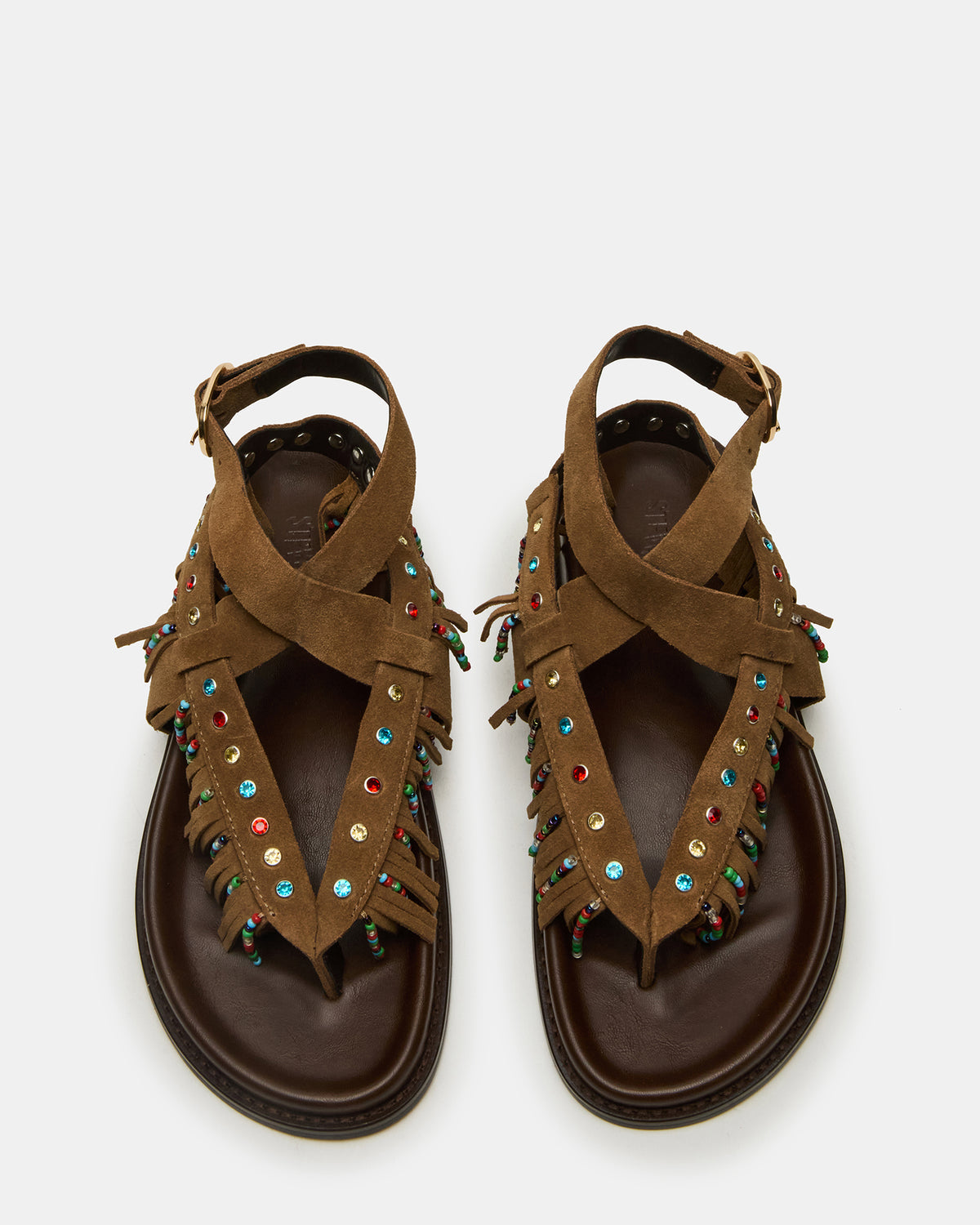 Steve Madden WENDELL Chestnut Suede Beaded Flatform Footbed Strappy Fringe Women's Sandal